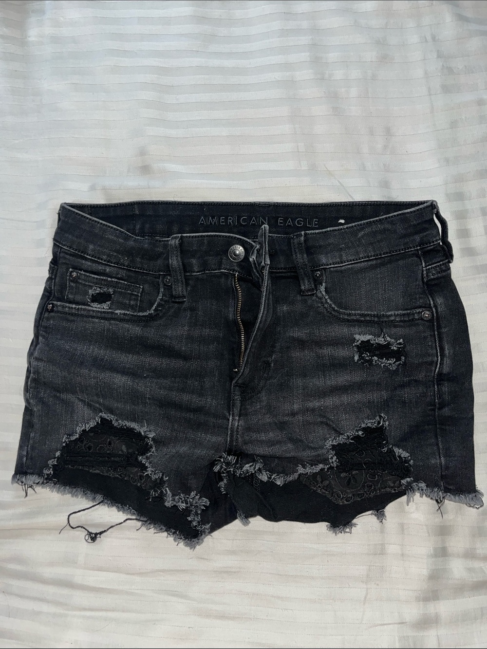 American Eagle Outfitters Black Distressed Lace Detail Denim Shorts